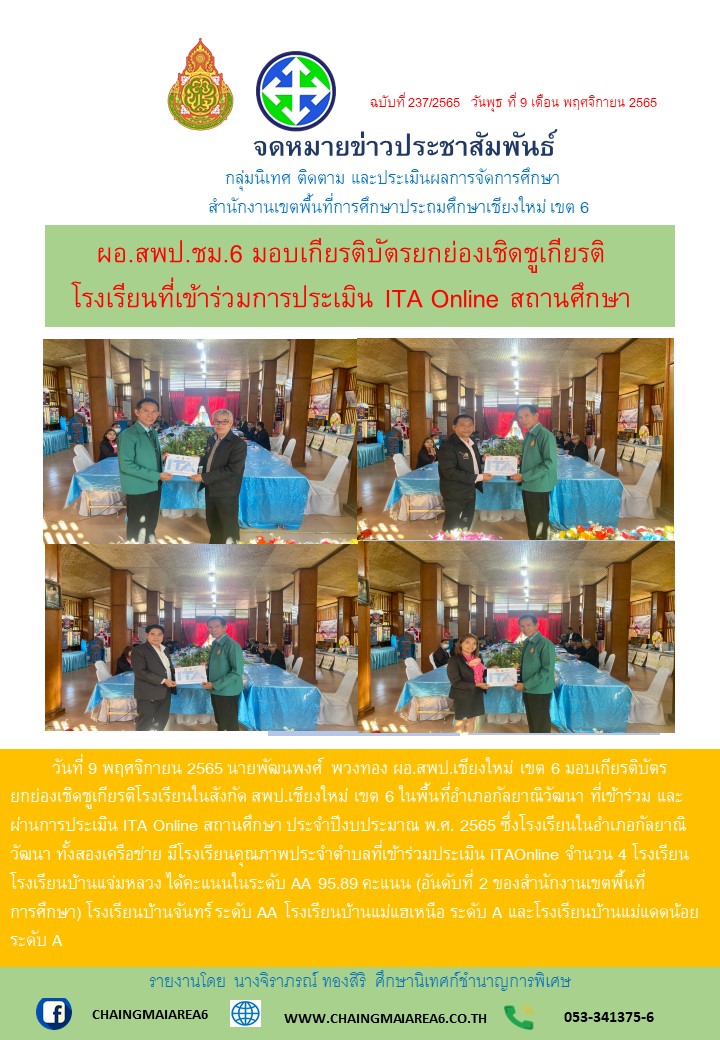 จดหมายข่าวเกียรติบัตรเชิดชูเกียรติรร.ITA65-2