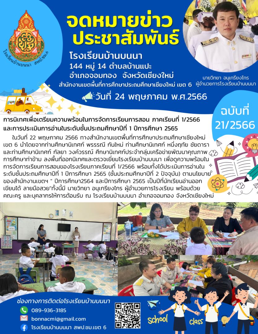 การนิเทศเพื่อเตรียมความพร้อมในการจัดการเรียนการสอนภาคเรียนที่ 1/2566 และการประเมินการอ่านในระดับชั้นประถมศึกษาปีที่ 1 ปีการศึกษา 2565