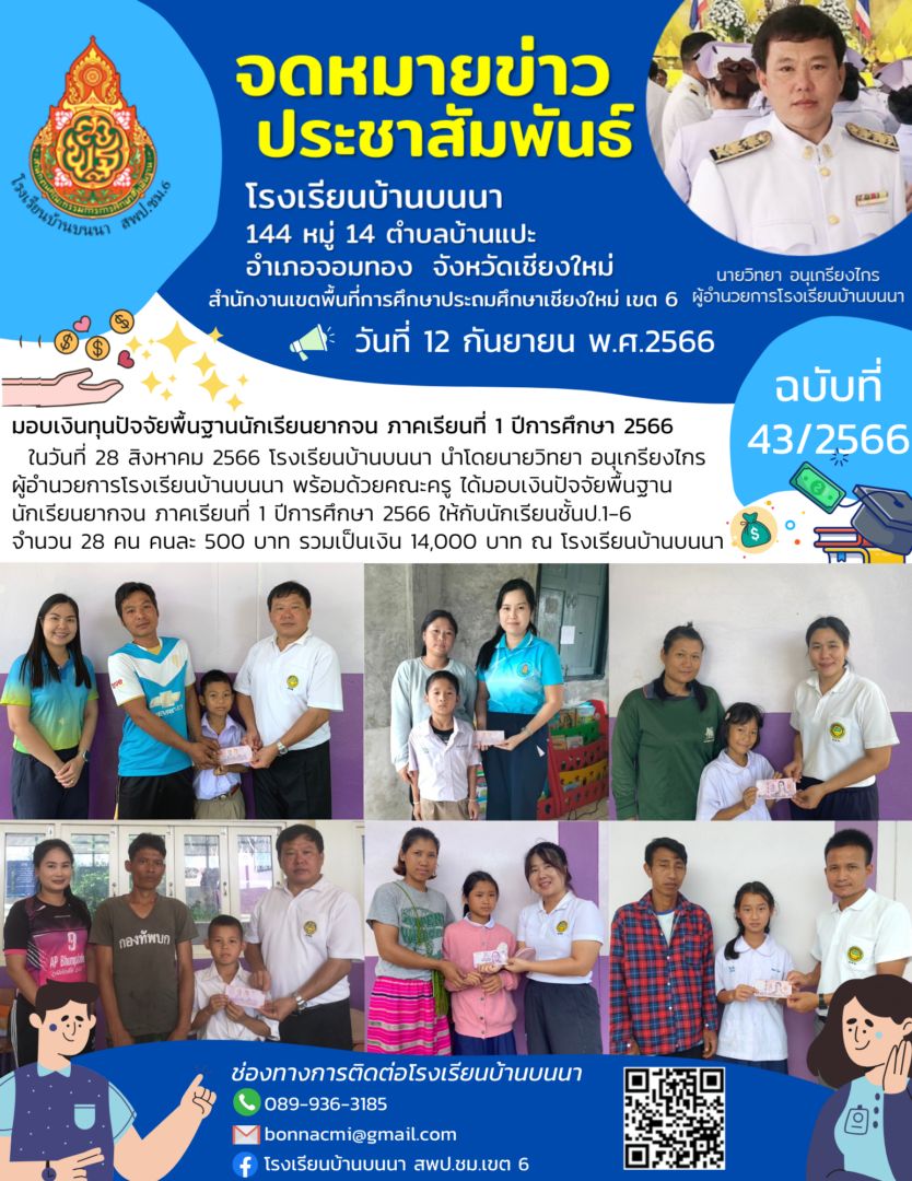 มอบเงินทุนปัจจัยพื้นฐานนักเรียนยากจนภาคเรียนที่ 1 ปีการศึกษา 2566
