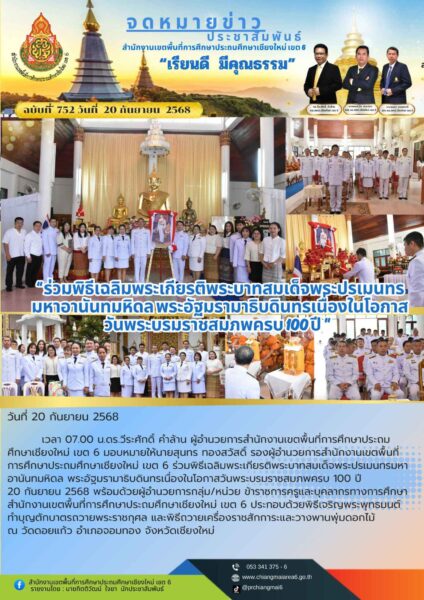 “สพป.เชียงใหม่ เขต 6 ร่วมพิธีเฉลิมพระเกียรติพระบาทสมเด็จพระปรเมนทรมหาอานันทมหิดล พระอัฐมรามาธิบดินทรเนื่องในโอกาสวันพระบรมราชสมภพครบ 100 ปี “